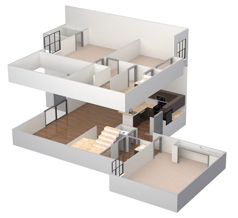 A 3D floor plan of a multi-level home with a staircase and a balcony.